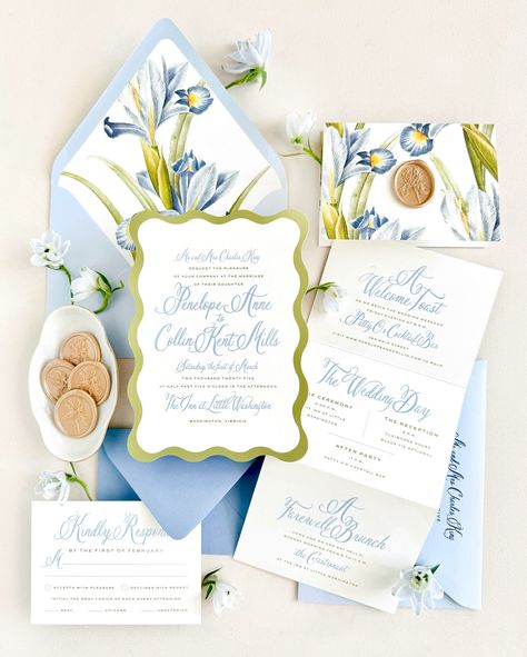 The Penelope Suite 💙 A vibrant, lively suite that speaks to the sheer joy of a wedding day. Spring couples, this one is calling your name! With shades of blue and irises, and a chartreuse edged wavy invitation, this modern romance story of a suite is a welcome addition to our Curated collection launching June 30 💌 Diy Wedding Invitation Ideas, Unique Modern Wedding Invitations, Paper Cocktail Napkins, Wedding Invitation Card Design, Color Palette Bright, Invitation Card Design, Wedding Weekend, Modern Wedding Invitations, Invitation Suite