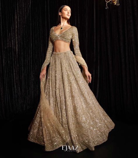 BIBI London Couture | Lehenga Ejaaz Couture, Indian Wedding Reception Outfits, Golden Lehenga, 2022 Jewelry, Sangeet Outfit, Latest Bridal Lehenga, Reception Lehenga, Lehenga Designs Simple, Indian Bride Outfits