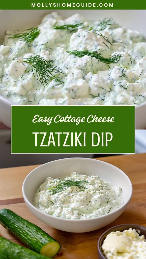 Indulge in a refreshing snack with our creamy cottage cheese tzatziki dip recipe! This easy-to-make dip is bursting with fresh flavors and perfect for dipping veggies or pita chips. Enjoy it as a healthy appetizer at your next gathering or simply as a tasty treat for yourself. Elevate your snacking game with this delicious and wholesome cottage cheese tzatziki dip – your taste buds will thank you!  Ingredients 1 cup plain cottage cheese 1/2 medium cucumber, halved and seeds removed 2 tablespoons Taziki Sauce With Cottage Cheese, Cottage Cheese Tzatziki Dip, Cottage Cheese Tzatziki, Cottage Cheese Vegetable Dip, Cottage Cheese Dill Dip, Cottage Cheese Pairings, Cottage Cheese Crisps, Cottage Cheese Salad Dressing, Whipped Cottage Cheese Recipes