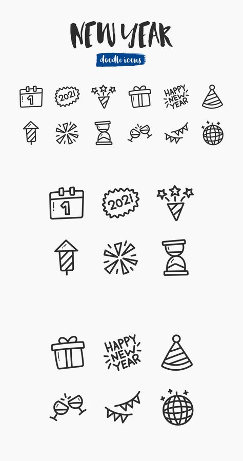 New Year Hand-Drawn Doodle Icons New Year Doodle 2023, New Years Symbols, New Years Calendar Ideas, New Year Drawing Ideas 2023, Happy New Year Doodle Art, New Year’s Eve Drawing, New Years Drawings Easy, New Year Doodle 2024, Happy New Year Sketch