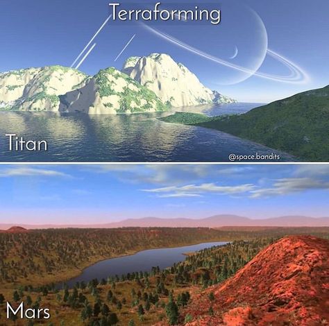 Meteora Media on Instagram: “Wow!! Another super cool concept of two different celestial bodies being terraformed. Titan, a moon of Saturn, and Mars. Terraforming is…” Mars Colony Concept Art, Mars Terraformed, Terraformed Moon, Mars Concept Art, Titan Planet, Terraformed Mars, Titan Moon, Sci Fi Planet, Mars Colony