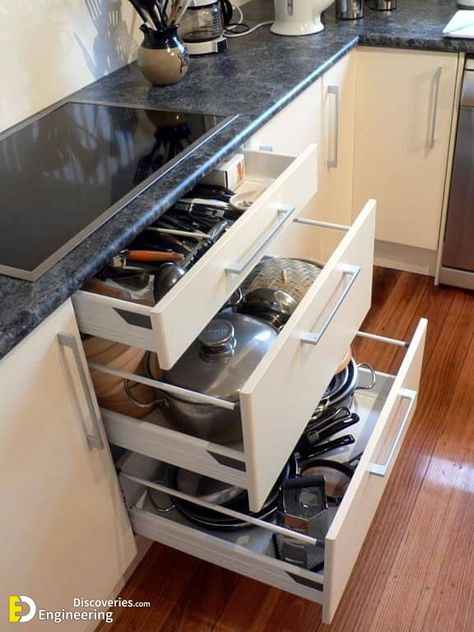 Kitchen Cabinet Drawers, Kitchen Drawer Organization, Kitchen Organisation, Kitchen Drawer, Wardrobe Cabinets, Modern Kitchen Cabinets, Drawer Design, Kitchen Drawers, Drawer Organizers