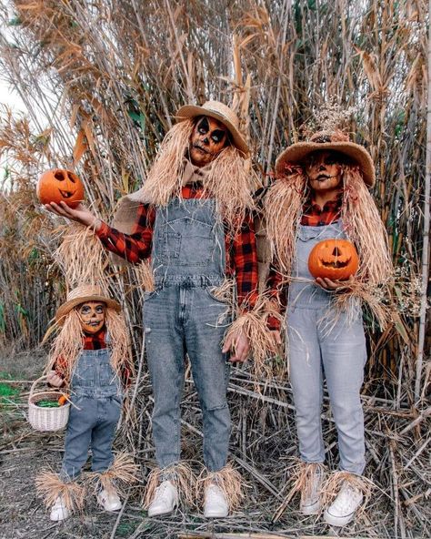 Couples Scarecrow Halloween Costumes, Pumpkin And Scarecrow Costume, Scare Crow Couples Costume, Homemade Pumpkin Costume, Family Scarecrow Costumes, Creative Scarecrow Ideas, Scare Crow Halloween Costume Ideas, Scarecrow Family Costume, Adult Scarecrow Costume Diy