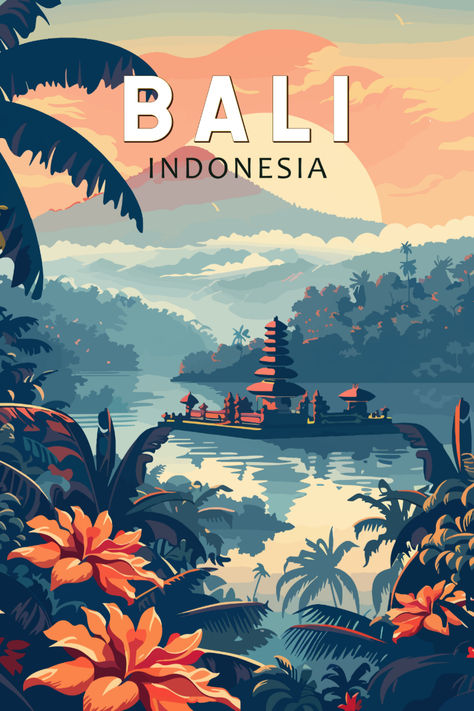 Retro-style illustration of Bali, Indonesia, featuring a serene temple on the water surrounded by lush greenery and vibrant flowers. The sunset casts a warm glow over the landscape, creating a tranquil and inviting scene. Bali Vintage Poster, Countries Aesthetic, Bali Illustration, Vintage Travel Posters Art Deco, Wallpaper Bali, Bali Poster, Vacation Illustration, Ogoh Ogoh, Bali Aesthetic