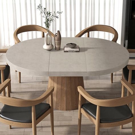 Japandi 39"-55" Extendable Dining Table 6-Seater Gray Oval&Round Table Pedestal Oval Kitchen Table, Pedestal Dining Room Table, Japandi Dining, Round Extendable Dining Table, Table With Chairs, Circular Dining Table, Round Dining Room Table, Round Dining Room, Small Dining Table