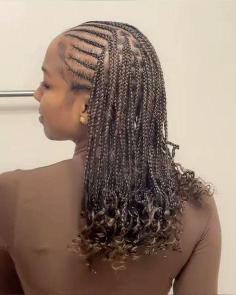 Half Cornrows Half Box Braids Curly Ends, Cornrows With Boho Curls, Simple Box Braids Hairstyles, Big Braids With Curls, Half Cornrows Half Braids, Cornrows Natural Hair No Extensions, Cornrows With Curls, Half Braids, Cornrows Natural