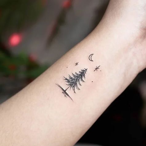 Forest Tattoo Small Simple, Pine Tree Wrist Tattoos For Women, Christmas Tree Tattoo Small Simple, Fur Tree Tattoo, Treehouse Tattoo Simple, Evergreen Tattoos For Women, Nature Tattoos Small Simple, Easy Tree Tattoo, Pine Tree Tattoo Minimalist