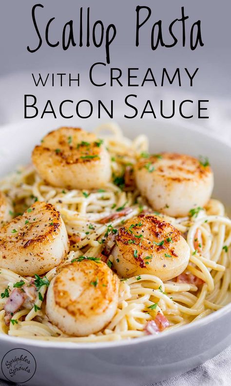 Creamy Scallops And Pasta, Seared Scallops And Pasta, Scallop Pasta White Wine Garlic Butter, Scallops With Bacon, Cooking Scallops, Scallop Recipes Pasta, Bacon Scallops, Scallop Pasta, Bay Scallops