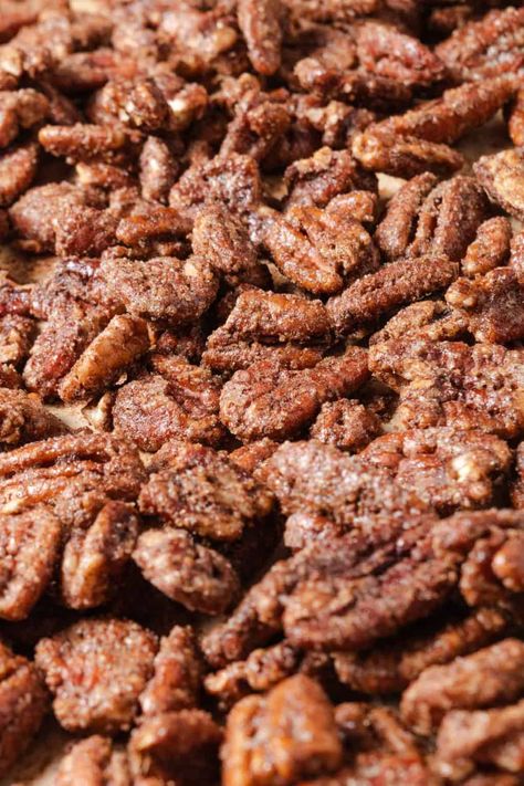 Candied Pecans (Spicy & Sweet) - Mandi of the Mountains Crockpot Candy Pecans, Spicy Pecans Recipe, Cinnamon Sugar Pecans, Sugar Pecans, Candied Pecans Recipe, Crockpot Candy, Sugared Pecans, Spiced Pecans, Roasted Pecans