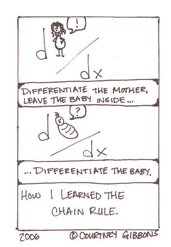 Except for the simplest functions, a procedure known as the Chain Rule is very helpful and often necessary to find derivatives. You can start with an example such as finding the derivative of  $latex {{\left( 2x+7 \right)}^{2}}$.  Most students will expand the binomial to get $latex 4{{x}^{2}}+28x+49$ and differentiate the result to get $latex 8x+28$.… Maths Humour, Calculus Jokes, Calculus Humor, Maths Jokes, Maths Study, Algebra Notes, Study Memes, Math Cartoons, Chain Rule
