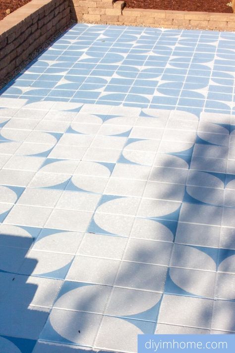 Painted Patio Tiles, Paint Outdoor Tile, Painting Outdoor Tile, Paint Porch Floor, Painted Patio Pavers, Diy Outdoor Tile, Painted Patio Slabs Outdoor Spaces, Outdoor Flooring Ideas Cheap, Stenciled Pavers