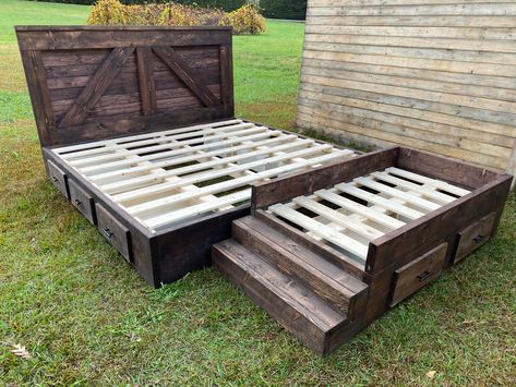 The perfect bed frame with lots of storage. Say goodbye to your dog hogging the whole bed! King Bed Frame With Dog Bed, Skid Bed Frame, Homemade Bed Frame Wood, Western Bed Frame, Rustic Dog Beds, Homemade Bed Frame, Barnwood Bed, Queen Bed Frame Diy, Diy King Bed Frame