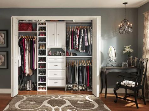 Small Closet Organization Ideas: Pictures, Options & Tips | Home Remodeling - Ideas for Basements, Home Theaters & More | HGTV Ikea Closet Organizer, Organizar Closet, Reach In Closet, Open Closet, Custom Doors, Closet Layout, Closet Remodel, Small Closets, Interior Remodel