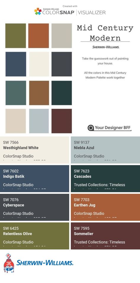 I just created this color palette with the Sherwin-Williams ColorSnap® Visualizer app on my Android phone. What do you think? You can learn more about ColorSnap Visualizer and get it on your phone free by visiting https://www.sherwin-williams.com/content/colorsnap.html. Sherwin Williams Retro Colors, Mid Century Modern Sherwin Williams, Teal Color Palette Sherwin Williams, Peacock Blue Sherwin Williams, Sherwin Williams Mid Century Colors, Benjamin Moore Mid Century Modern Paint, Mcm Wall Colors, Cascades Sherwin Williams Color Palette, Mountain Color Scheme