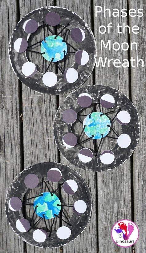 Easy to Make Phases Of the Moon Wreath | 3 Dinosaurs Outer Space Crafts, Moon Activities, Space Activities For Kids, Space Lessons, Space Preschool, Space Crafts For Kids, Moon Wreath, Moon Crafts, Space Activities