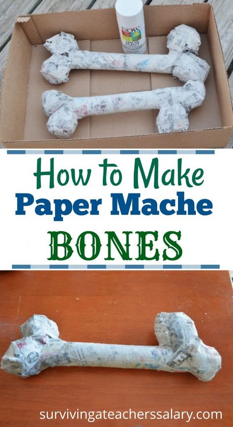 Simple Paper Mache, Dinosaur Tutorial, Cheap Halloween Crafts, Dinosaur Crafts Kids, Karneval Diy, Halloween Bones, Skeleton Craft, Halloween Dinosaur, Making Paper Mache