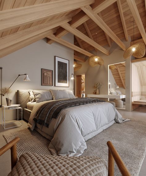 Design Interior Modern, Barn Bedrooms, Attic Bedroom Designs, Aesthetic Interior Design, Barn House Design, Modern Barn House, House Construction, Construction Plan, Attic Bedroom