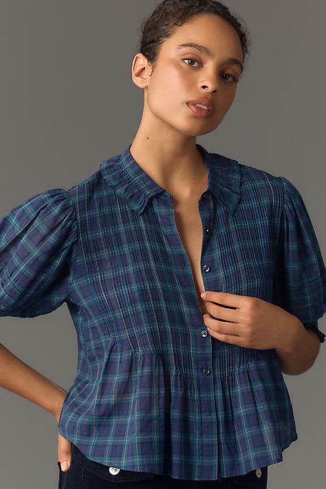 Crafted from TROVATA's soft tissue flannel, the Jess Blouse features petite pintucks that lend texture and handcrafted charm. | Jess Blouse by TROVATA in Blue, Women's, Size: Small, Cotton at Anthropologie Women's Winter Outfits, Womens Blouses, Winter Clothing, Winter Outfits Women, Cotton Voile, Pin Tucks, Fennel, Blue Blouse, Dressed Down