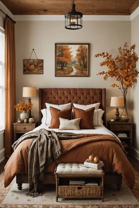 Fall Home Vibes, Guest House Decorating Ideas, Dream Room Inspiration Cozy, Fall Home Interior, Bedroom Autumn Decor, Fall Bedding Cozy, Fall Master Bed Decor, Autumn Inspired Bedroom, Fall Aesthetic Home Decor