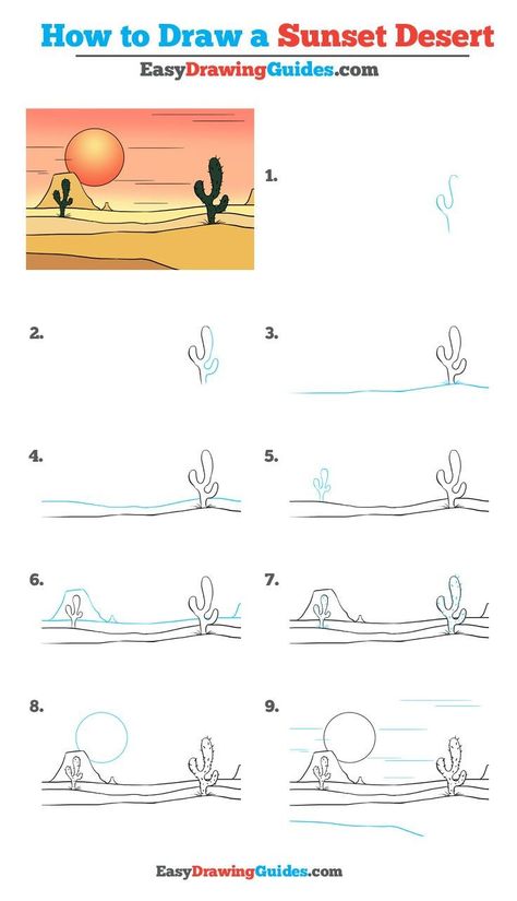 Learn How to Draw a Desert: Easy Step-by-Step Drawing Tutorial for Kids and Beginners. #desert #drawingtutorial #easydrawing See the full tutorial at https://easydrawingguides.com/draw-desert-really-easy-drawing-tutorial/. Desert Drawing, Easy Drawing Guides, Sunset Desert, Drawing Videos For Kids, Architecture Sketches, Easy Drawing Steps, Drawing Guides, Easy Drawing Tutorial, Drawing Tutorials For Kids