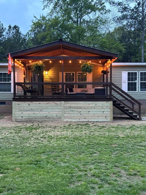 Outside Of Mobile Home Ideas, Deck For Manufactured Home, Double Wide Patio Ideas, Singlewide Trailer Front Porch, Double Wide Trailer Porch Ideas, Back Porch Ideas Covered Mobile Home, Front Porch Ideas Trailer, Porch Add On To Mobile Home, Single Wide Outside