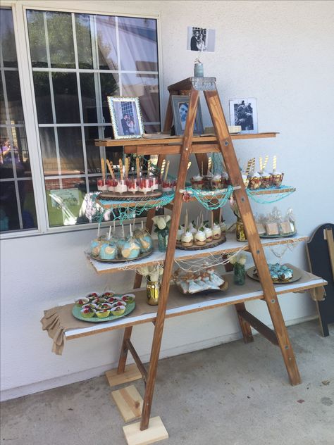 Ladder Cupcake Stand, Ladder Food Display, Cupcake Ladder Display, Wooden Dessert Display, A Frame Shelf, Wooden Food Display Stands, Explorer Party, Ladder Display, Balcony Gardening