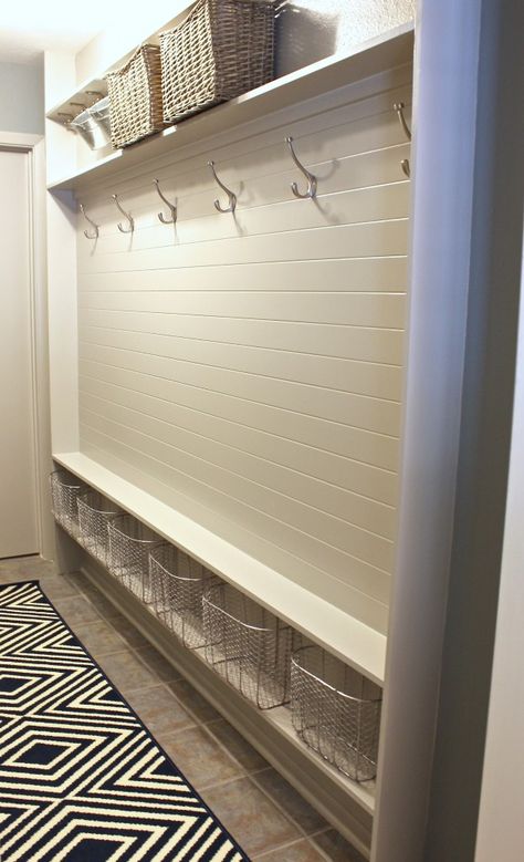 turn a narrow hallway into a mudroom using just 5 inches {wonder if I can add the shelf above or the baskets below to my mudroom} Mudroom Storage, Laundry Room/mud Room, River Cottage, Diy Entryway, Boot Room, 아파트 인테리어, Laundry Mud Room, Narrow Hallway, Storage Area