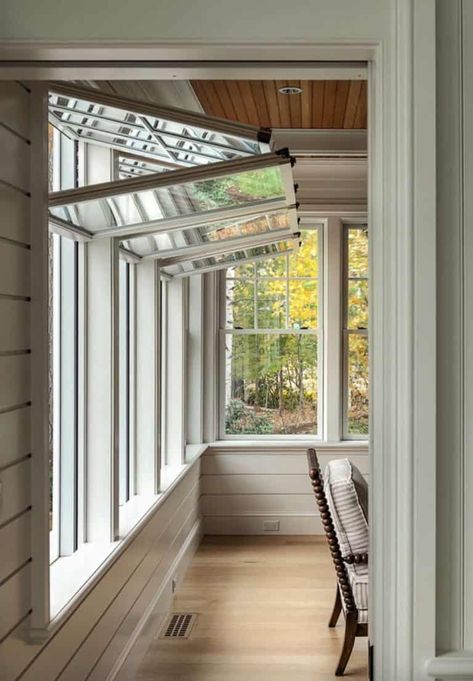 Dreamy lake house in New Hampshire nestled on the water's edge New Hampshire Aesthetic, Lake House Sunroom, Sea Side Cottage, House Sunroom, Sunroom Remodel, Sunset Room, Shingle Style Architecture, All Season Room, Lake House Design