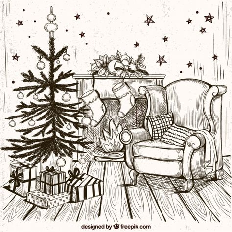 Cozy home background with hand drawn christmas tree Free Vector Drawing Christmas Ideas, Christmas Scenery Drawing, Christmas Decorations Drawings, Xmas Drawing, Home Background, Christmas Sketch, Winter Drawings, Christmas Tree Drawing, Scene Drawing