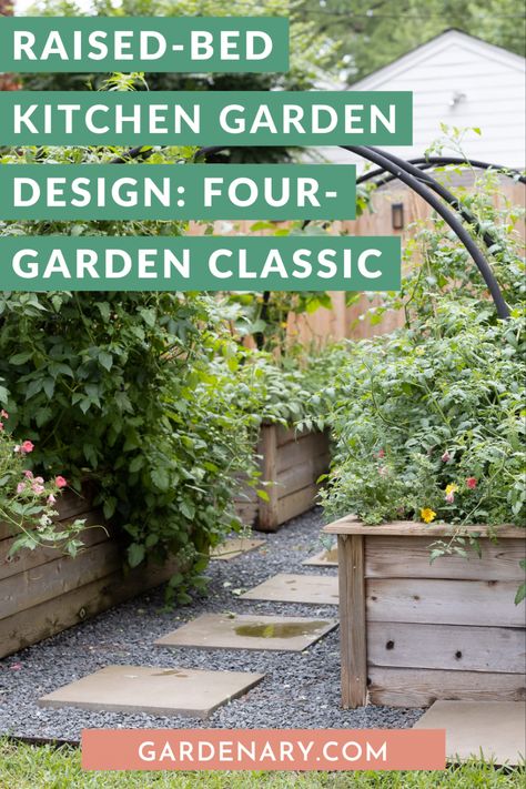 Raised-Bed Kitchen Garden Design: Four-Garden Classic • Gardenary English Raised Garden Beds, Cottage Raised Bed Garden, Beautiful Kitchen Garden, Socal Veggie Garden, Kitchen Garden Designs Layout, Raised Garden Bed With Arch Trellis, Vege Garden Layout, English Garden Raised Beds, Kitchen Garden Raised Beds