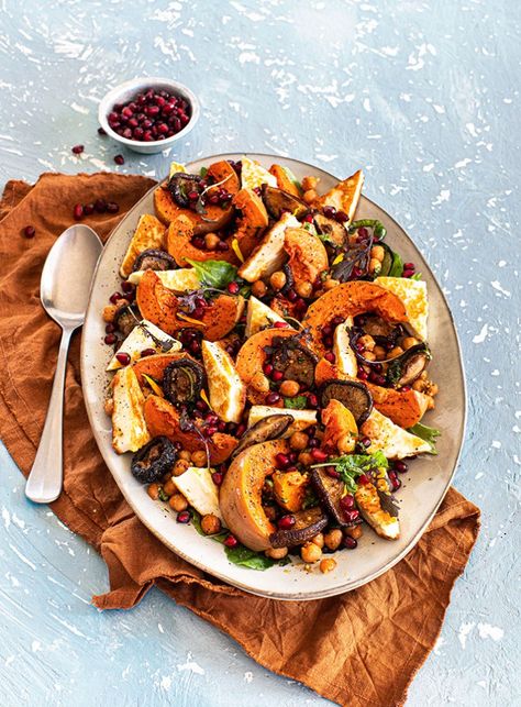 A hearty mix of fresh greens, roasted vegetables and golden haloumi creates this tasty winter salad recipe. Shiitake Recipes, Goodies Recipes, Dish Magazine, Pumpkin Mushroom, Winter Salad Recipes, Specialty Food Store, Winter Dishes, Salad Dishes, Roasted Pumpkin Seeds