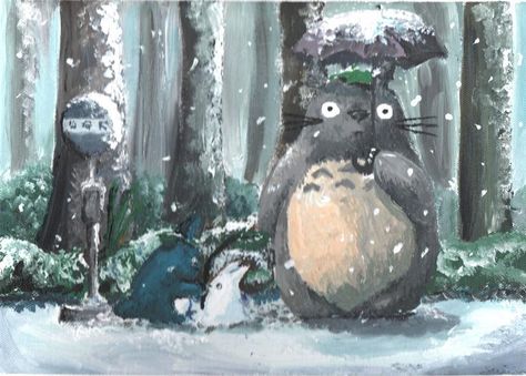 Totoro in the winter Hayao Miyazaki Characters, Hayao Miyazaki Movies, Miyazaki Art, Studio Ghibli Fanart, Winter Artwork, Japanese Forest, Mythical Beasts, Japanese Animated Movies, Vaporwave Art