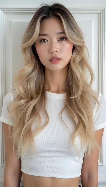 A woman with long blonde hair and a white shirt | Premium AI-generated image Asian Long Blonde Hair, Korean Blonde Balayage, Cool Tone Skin Blonde Hair, Blonde Hair Dark Brown Eyes, Beige Blonde Asian Hair, Shadow Root Blonde Asian, Pale Girl Blonde Hair, High Impact Blonde, Tan Asian Blonde Hair