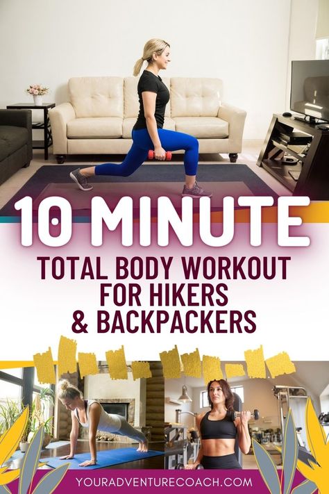 If you sit at a desk all day but still want to stay in shape for hiking, squeeze in this 10 minute total body, at home workout for hikers and backpackers! Even these short micro workouts, when done consistently really can make a difference in your fitness or if you're up for more of a challenge, you can adjust this to be more difficult or do multiple rounds of this 10 minute workout for hikers. Micro Workouts, Hiking Training, Hiking Workout, At Home Workout, Month Workout, Hiking Essentials, 10 Minute Workout, Hiking Destinations, Backpacking Tips