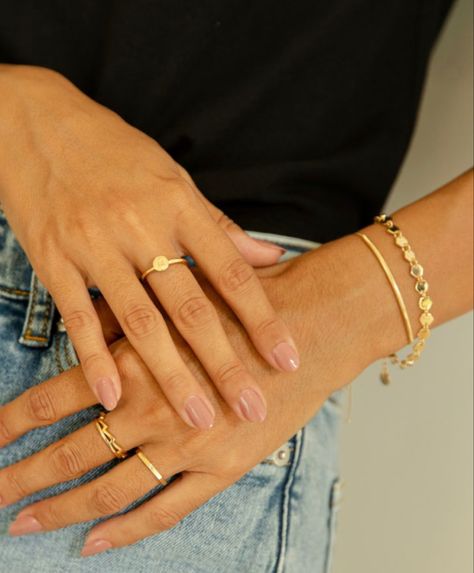 Gold Ring Placement, Gold Rings Both Hands, Simple Ring Stack Both Hands, Bracelet And Ring Combo, Ring Combos Gold, Ring Placement Ideas Hands, How Many Rings Should You Wear, Layered Rings Gold, Ring Stacking Ideas Gold