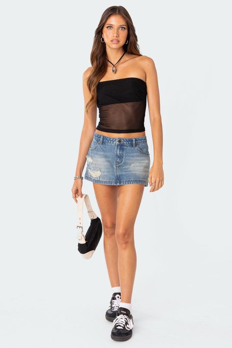 Mesh Tube Top, Visionary Fashion, Jean Skirt Outfits, Denim Skirt Outfits, Perfect Night, Miniskirt Outfits, Swimwear Dress, Denim Details, Denim Mini