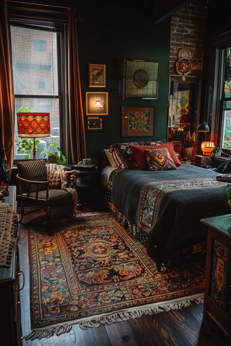 Eclectic Elegance Showcasing the Fusion of Styles in Moody Bedrooms - Quiet Minimal Maximalist Bedroom Aesthetic, Eccentric Bedroom, Moody Bedrooms, Eclectic Elegance, Maximalist Bedroom, Bold Bedroom, Black Bedroom Design, Moody Bedroom, Black Bedroom