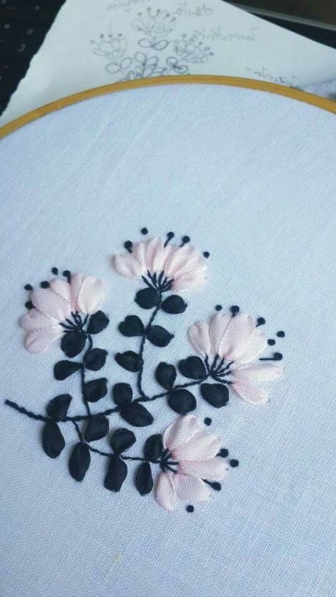 # Flower # Embroidery # Ribbon # My Work # IG @SACHA_studio Silk Ribbon Embroidery Tutorial, White Anemones, Rose Embroidery Pattern, Sulaman Pita, Silk Ribbon Embroidery Patterns, Ribbon Embroidery Kit, Embroidery Ribbon, Ribbon Embroidery Tutorial, Pola Sulam