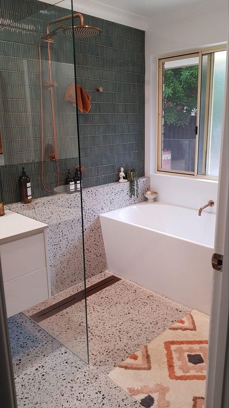 Bath And Shower Separate Small Bathroom, Wet Bathrooms With Tub, Small Wet Bathroom With Tub, Wetroom With Bathtub, Bathroom Configuration Layout, 5x12 Bathroom Layout, Queenslander Bathroom Renovation, Modern Shower Over Bath, Small Wet Room With Tub