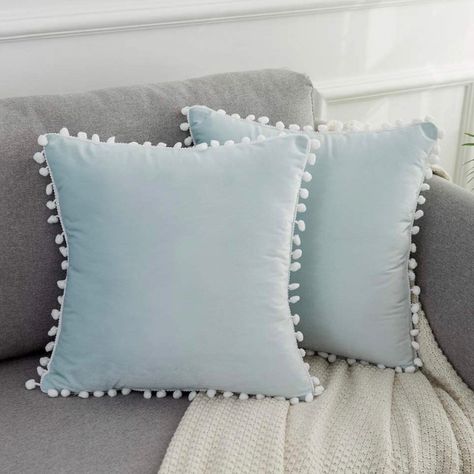 Luxury Home | Set Of 2 Chic Light Blue & White Pom Pom Trim Throw Pillow Covers | 18" X 18" *Pillow Covers Only- Inserts Not Included Update Your Decor With Chic And Luxurious Style Brand New From A Pet & Smoke Free Home! Pottery Barn Throw Pillows, Burgundy Throw Pillows, Light Blue Throw Pillows, Blue Dorm, Light Blue Pillows, Pottery Barn Pillow Cover, Pillow Covers Decorative, Chenille Throw Pillows, Valentines Pillows