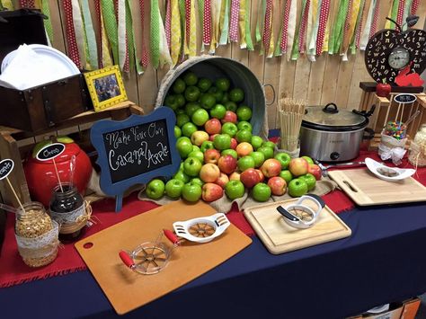 Apple Themed party for Teacher Welcome Back Luncheon Carmel Apple bar Staff New Year Welcome Back, Staff Lounge Food Ideas, Fall Teacher Appreciation Luncheon, Fall Themed Appreciation Gifts, Teacher Appreciation Apple Bar, Apple Bar Teacher Appreciation, Fall Teacher Treat Ideas, Carmel Apple Bar For Teachers, Caramel Apple Bar Set Up