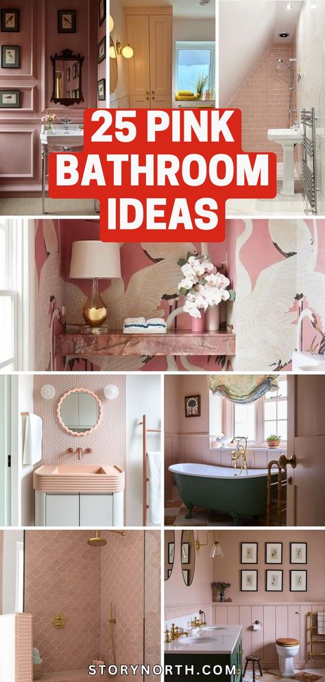 Save this pin for 25 stunning pink bathroom ideas to brighten up your home decor. Discover creative ways to add a pop of color with these stylish designs. #PinkBathroom #HomeDecorIdeas #InteriorDesigninspo Pink Bathroom Walls Paint, Boho Bathroom Decor Ideas On A Budget, Pink And Gray Bathroom Ideas, Bathroom Remodel Pink, Old Pink Tile Bathroom Ideas, Small Pink Bathroom Ideas, Pale Pink Bathroom, Dusty Pink Bathroom, Pink Tile Bathroom Ideas