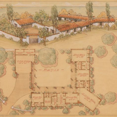 In this early hacienda style version of the ranch house, Cliff May creates privacy with a patio that is surrounded by the house and garage on three sides, with a walled-off fourth side, as well as a gated motor court. Each room in the house opens onto the inner courtyard, and the property is shown in the rendering facing out towards the Pacific Ocean. The living room is off-set and protrudes from the corner of the house to take advantage of the view in three directions. Hacienda Floor Plans, Living Off Grid, Cliff May, Architecture Museum, California Santa Barbara, Motor Court, Mission Style Homes, Hacienda Homes, Spanish Hacienda