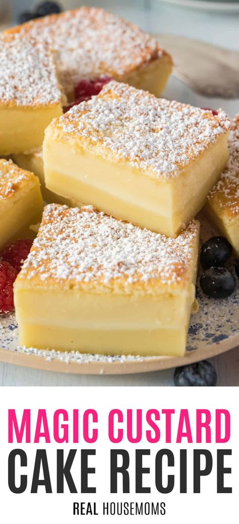 Magic happens in the oven when you make Magic Custard Cake! A simple mixture of milk, eggs, sugar, butter, vanilla, and flour is magically transformed into the multi-layer treat! #Realhousemoms #magic #custardpie #dessert #cake #summertreat #treat #patrioticholidaydessert #powderedsugar Patisserie, Lemon Ricotta Cake Recipes, Vanilla Custard Cake, Baked Custard Recipe, Custard Dessert Recipes, Vanilla Custard Recipe, Cake Flour Recipe, Egg Custard Recipes, Magic Cake Recipes