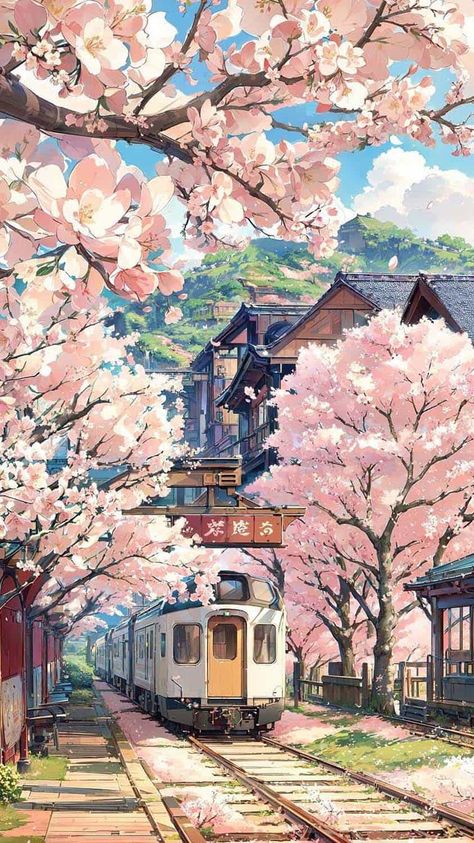 Cherry Blossom Trees Train Station Japan IPhone Wallpaper HD - IPhone Wallpapers : iPhone Wallpapers Honey Works, Iphone Wallpaper Hd, Look Wallpaper, Japan Illustration, Iphone Wallpaper Images, Cool Wallpapers Art, Poster Pictures, Wallpapers Iphone, Animal Posters