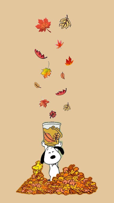 Snoopy catching leaves with a bucket Halloween Fall Phone Wallpaper, Fall October Wallpaper, Peanuts Fall Wallpaper Iphone, Cute Fall Cartoon Wallpaper, Halloween Wallpaper Iphone Vintage, Cute Snoopy Wallpaper Iphone Wallpapers, Cute Halloween Wallpaper Snoopy, Snoopy Fall Wallpaper Iphone, Cute Fall Snoopy Wallpaper