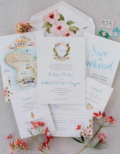 This Four Seasons Resort Lanai Wedding Is Your Ticket To Paradise: Save the Dates, illustrated maps, gorgeous invitations, and everything else guests may need to know about your wedding all in one beautiful package! Martha Weddings, Traditional Invitation, Tropical Destinations, Martha Stewart Weddings, Watercolor Invitations, Watercolor Wedding Invitations, Welcome To The Party, Resort Wedding, Hawaii Wedding