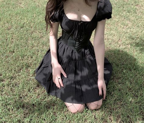 Black Sundress Aesthetic, Goth Sundress Outfit, Edgy Sundress Outfit, Alt Sundress Outfit, Soft Goth Clothes, Dark Sundress, Alt Sundress, Gothic Fairy Outfit, Goth Summer Dress