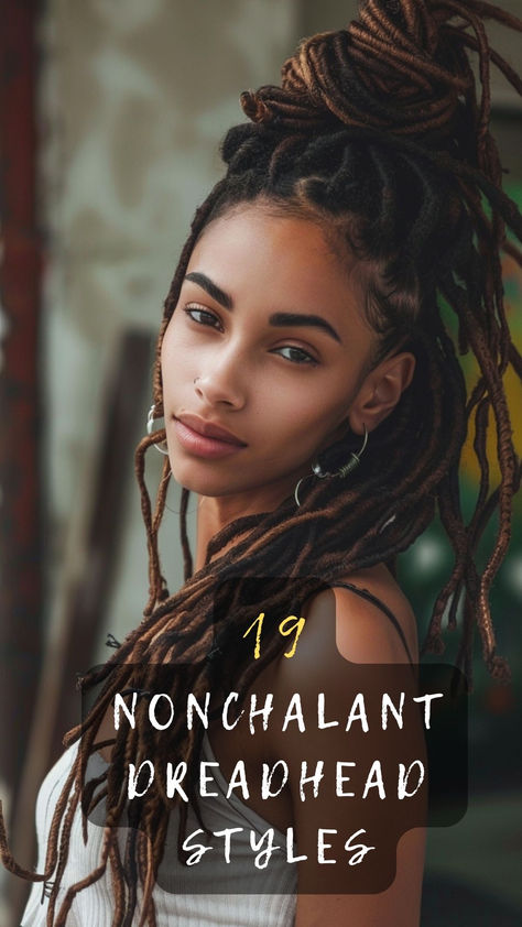 Looking to redefine your dreadhead look? Click for 19 nonchalant and effortlessly cool dreadhead styles. 🌟💆‍♂️✨ #Dreadhead #HairStyle #NonchalantLooks #CoolDreads #StyleInspiration Protective Dreadlock Hairstyles, Black Women Dreads Styles, Cute Dread Hairstyles, Dredlocs Style Woman, Older Woman Dreadlocks, Long Dreads Styles For Women, Half Head Dreads, Styling Dreadlocks, Dreadhead Styles