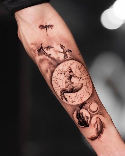 Sagittarius Symbol Tattoo, Sagittarius Tattoo Ideas, Half Sleeve Tattoos Wolf, Forearm Tattoo For Men, Attractive Tattoos, Archer Tattoo, Stencils Art, Sagittarius Tattoo Designs, Arrow Tattoos For Women